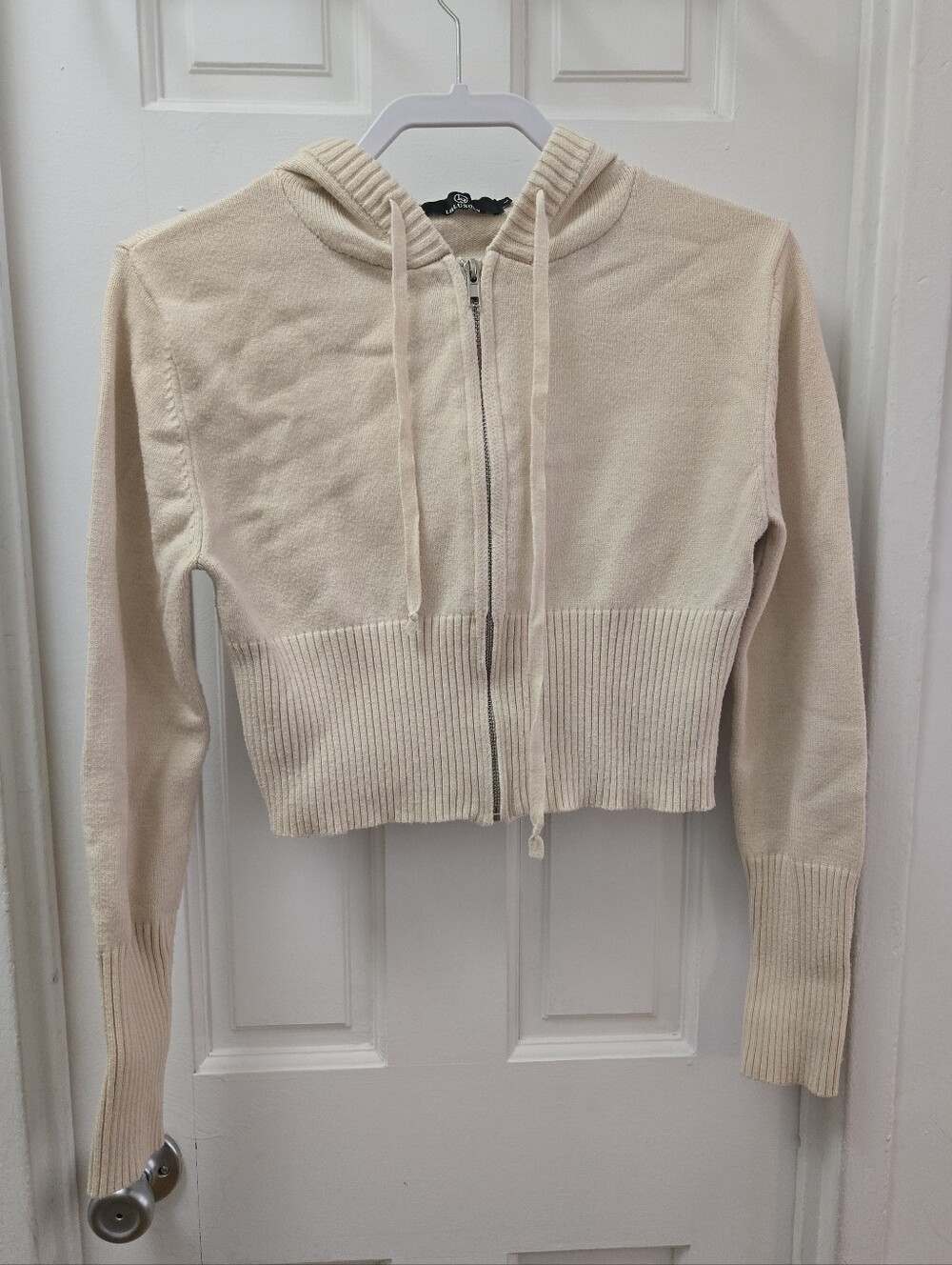LILLUSORY Cream Hooded Cropped Zip Up Knit Sweater Cardigan Cozy Large